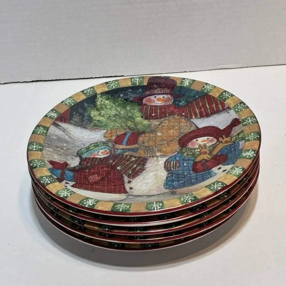 Susan Winget Plates Snowman Multicolor Set of 5 8in Christmas Folk Art Whimsical